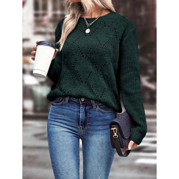 Sweaters - SOLD OUT Dark Green Chenille Pointelle Knit Soft Pullover Long Sleeve Winter